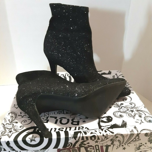 Womens  Black Sparkly Fashion Ankle Boots Heels - Picture 2 of 6